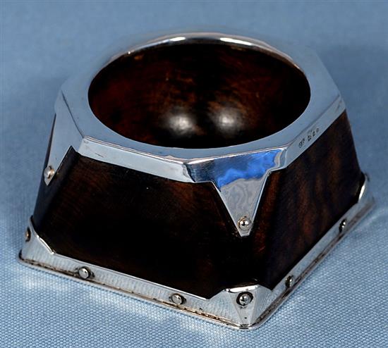 A rare George V shaped silver mounted sycamore? small mazer/salt, by Omar Ramsden, height 49mm.